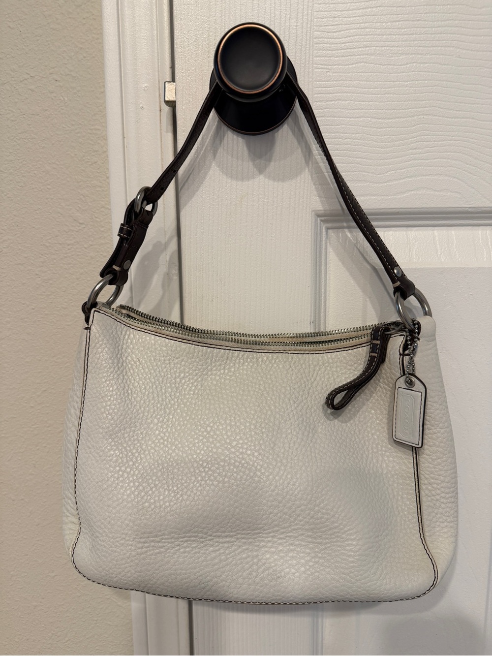 Coach White Pebbled Leather Shoulder Bag with Dark Brown Strap